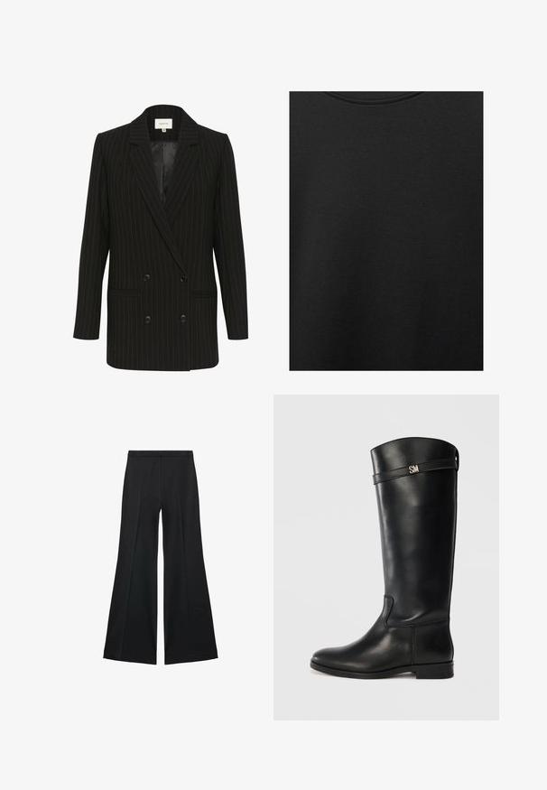 Czarna marynarka dwurzędowa w prążki z satynowym wykończeniem, z klapami w szpic i dwoma kieszeniami z przodu. Charakteryzuje się kontrastowymi zielonymi prążkami.; Czarna bawełniana tkanina o gładkiej teksturze i okrągłym dekolcie, z delikatnym, równomiernym wzorem włókna. Brak widocznych logo lub akcentów.; Czarne spodnie o szerokich nogawkach z gładką teksturą, z przodu ozdobione zakładkami i skrojonym fasonem. Materiał jest lekki i zwiewny.; Czarne skórzane kozaki do kolan o gładkiej fakturze, z metalowym akcentem w kształcie srebrnego "SM" oraz prostym wzornictwem. Niski, płaski obcas.