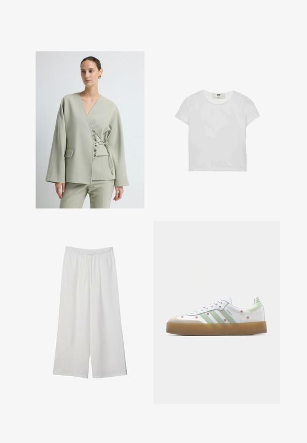 Jasnozielona kurtka typu wrap z szerokimi rękawami, głębokim dekoltem w szpic i ozdobnymi sznurkami po bokach. Wykonana z gładkiego materiału.; Biała koszulka z krótkim rękawem i okrągłym dekoltem, wykonana z miękkiej bawełny, charakteryzująca się prostym, czystym wzorem bez widocznych zdobień ani akcentów.; Białe szerokie spodnie wykonane z lekkiego materiału, z elastyczną talią i sznurkiem do regulacji fasonu. Gładka tekstura.; Białe sneakersy z zielonymi akcentami, trzema paskami, haftem w kwiaty oraz gumową podeszwą. Posiadają okrągły czubek i sznurowaną konstrukcję.