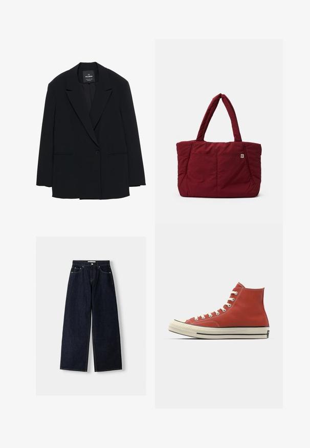 Schwarzer Ein-Knopf-Blazer mit Reverskragen und zwei vorderen Schlitztaschen, markiert mit Pull&Bear, taillierte Passform.; Grün-weißer karierter Langarmhemd mit Kragen, Knopfleiste und leicht abgerundetem Saum. Hergestellt aus leichtem Stoff mit strukturierter Oberfläche.; Dunkelblaue, weite Jeans mit hoher Taille, fünf Taschen, Kontrastnähten und silbernem Metallzubehör. Glatte Textur und saubere Verarbeitung.; Rote Canvas High-Top-Sneaker mit weißen Schnürsenkeln, Gummi-Zehenkappe und schwarzem Streifen entlang der Sohle. Strukturiertes Material und kontrastierende Nähte.; Rote, gestepptete Tragetasche mit zwei stabilen Griffen, ausgestattet mit einer Vordertasche und einer markanten Textur, die für Haltbarkeit und Funktionalität ausgelegt ist.