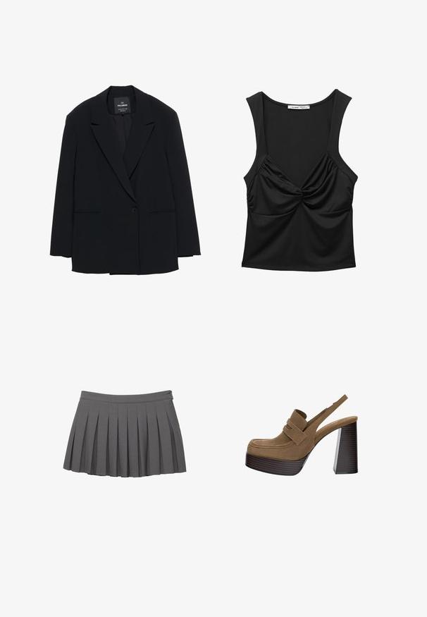 Blazer nero a un bottone con rever a punta e due tasche anteriori, etichettato Pull&Bear, vestibilita' slim.; Top senza maniche nero realizzato in tessuto morbido, con dettaglio a nodo torsionante sul davanti e un fit rilassato. Collo arrotondato e spalline larghe.; Gonna mini plissettata grigia con cintura a bottoni e una piccola decorazione con il logo sul lato destro.; Décolleté in camoscio marrone con plateau, dotate di un tacco a blocco spesso e rigato e una larga fascia sulla parte superiore, con una punta arrotondata.