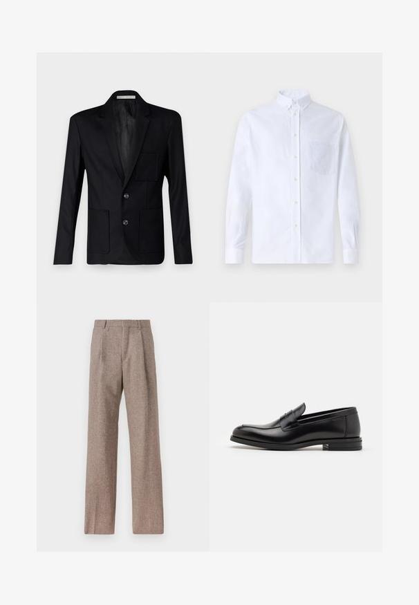 Zwarte blazer van gestructureerde stof, met een geknipt revers, drie knopen en twee voorzakken met een enkele borstzak.; Witte lange mouwen overhemd van katoen, met een borstzak met tonale borduring, een kraag en knopenmanchetten.; Bruine, hooggewaisted broeken van een gestructureerde stof. Heeft wijde benen en twee voorplooien voor extra structuur. Net afgewerkt zonder zichtbare hardware.; Zwarte leren instappers met een gladde textuur, ronde neus en een decoratieve band over de wreef. Lage, gestapelde hak en minimalistisch ontwerp.