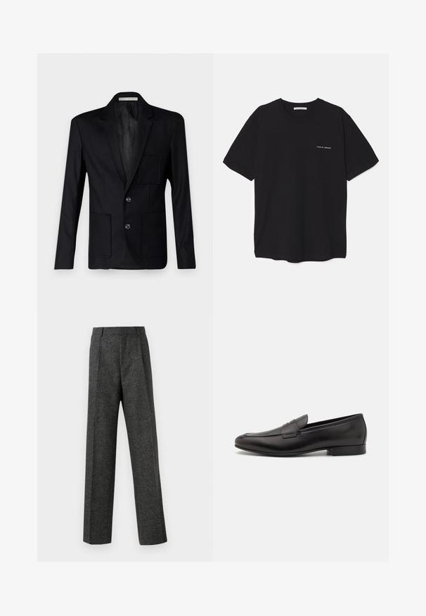 Fekete blézer texturált anyagból, amelynek kihajtható hajtókája, három gombja és két elülső zsebe, valamint egy mellzsebe van.; Fekete pamut T-shirt kerek nyakkivágással, rövid ujjakkal, és fehér logónyomattal a bal mellrészen. Egyszerű, egyszínű dizájn.; Szürke, texturált anyagból készült, szabott nadrág, két elülső pliszével és egyenes lábbal. Nincsenek látható zsebek vagy díszítések.; Fekete bőr loaferek elegáns dizájnnal, kerek orral és alacsony, rétegelt sarokkal. Díszített varrással rendelkezik a felsőrészen.