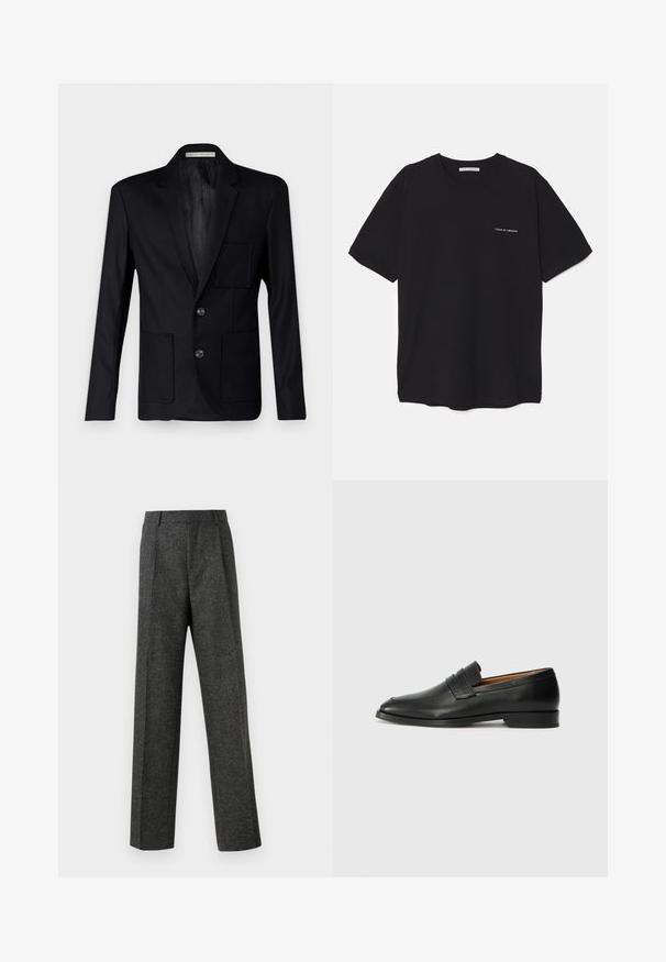 Zwarte blazer van gestructureerde stof, met een geknipt revers, drie knopen en twee voorzakken met een enkele borstzak.; Zwarte katoenen T-shirt met een ronde hals, korte mouwen en een witte logo-print op de linkerkant van de borst. Eenvoudig, effen kleur ontwerp.; Grijze op maat gemaakte broek van gestructureerde stof, met twee voorplooien en een rechte pijp. Geen zichtbare zakken of versieringen.; Zwarte leren instapper met een ronde neus, subtiele stikdetails en een lage hak, met een gladde textuur en een minimalistisch ontwerp.