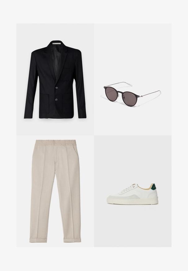 Czarny żakiet wykonany z teksturowanej tkaniny, z klapami w szpic, trzema guzikami oraz dwiema przednimi kieszeniami i jedną kieszenią na piersi.; Szary krótki rękaw T-shirt wykonany z miękkiego, fakturowanego materiału. Posiada klasyczny okrągły dekolt i prosty dół, idealny do noszenia na co dzień.; Filippa K TERRY szary; Białe trampki z zamszowymi akcentami, zaokrąglony czubek, płaskie sznurowadła i kremowa gumowa podeszwa. Posiadają zielone logo na pięcie.; Czarne okrągłe okulary przeciwsłoneczne z ciemnymi soczewkami i smukłymi metalowymi ramkami. Zawierają przezroczyste końcówki zauszników oraz srebrne akcenty przy zawiasie. Minimalistyczny design.