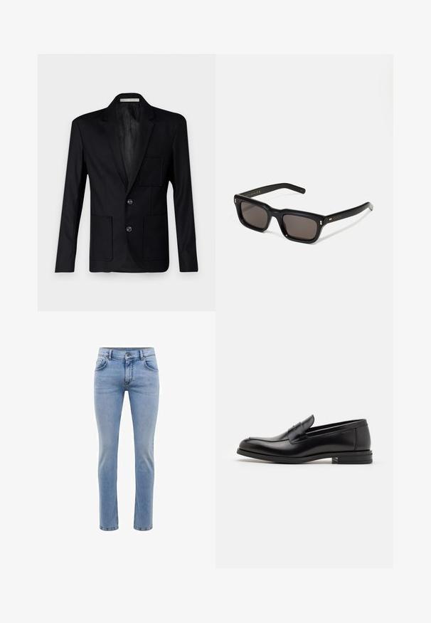 Black blazer made of textured fabric, featuring a notched lapel, three buttons, and two front pockets with a single chest pocket.; White short-sleeve t-shirt in cotton fabric with a round neckline. Simple design with no patterns or accents. Smooth texture.; Light blue denim jeans with a slim fit, five pockets, and a straight leg design. Features a zipper fly and belt loops. Soft texture.; Black leather loafers with a smooth texture, rounded toe, and a decorative strap across the vamp. Low stacked heel, minimalist design.; Black rectangular sunglasses with dark lenses, thick plastic frame, gold accents on temples, and brand logo engraved on the arm.