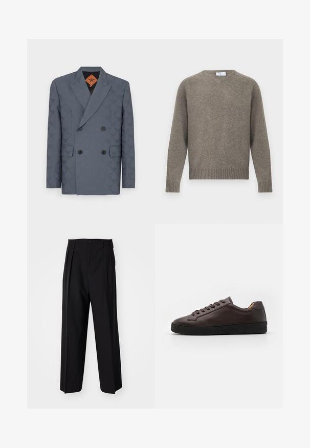 Dvojradový blejzer z tmavošedej látky, s jemným vzorom, klopovými reverami, dvoma prednými vreckami a čiernymi gombíkmi.; Sivý pletený sveter, okrúhly výstrih, rebrované rukávy a lem, mäkká textúra, vyrobený zo zmesi vlny, minimalistický dizajn s viditeľnou značkou v oblasti krku.; Čierne skladané nohavice s rovnom, širokým strihom. Vyrobené z hladkého materiálu, s gombíkovým zapínaním a pútkami na opasok.; Hnedé kožené tenisky s hladkým povrchom, okrúhlou špičkou a čiernou gumovou podrážkou. Majú tónované šnúrky a minimalistic designové detaily.