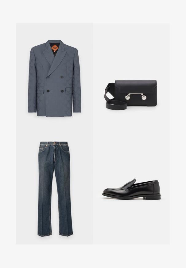 Double-breasted blazer in dark gray fabric, featuring a subtle pattern, notch lapels, two front pockets, and black buttons.; Cream-colored knit sweater with a polo collar, ribbed cuffs, and hem, featuring a front placket and soft texture.; Navy blue short-sleeve T-shirt with white text "neanche per sogno" centered on the chest, crew neck, medium size.; Dark blue straight-leg denim jeans with front button, zip fly, double front pockets, and visible vertical creases down the legs.; Black leather loafers with a smooth texture, rounded toe, and a decorative strap across the vamp. Low stacked heel, minimalist design.; Black leather crossbody bag with a flap closure, silver-tone hardware, and two round accents. Features a detachable strap. Smooth texture.