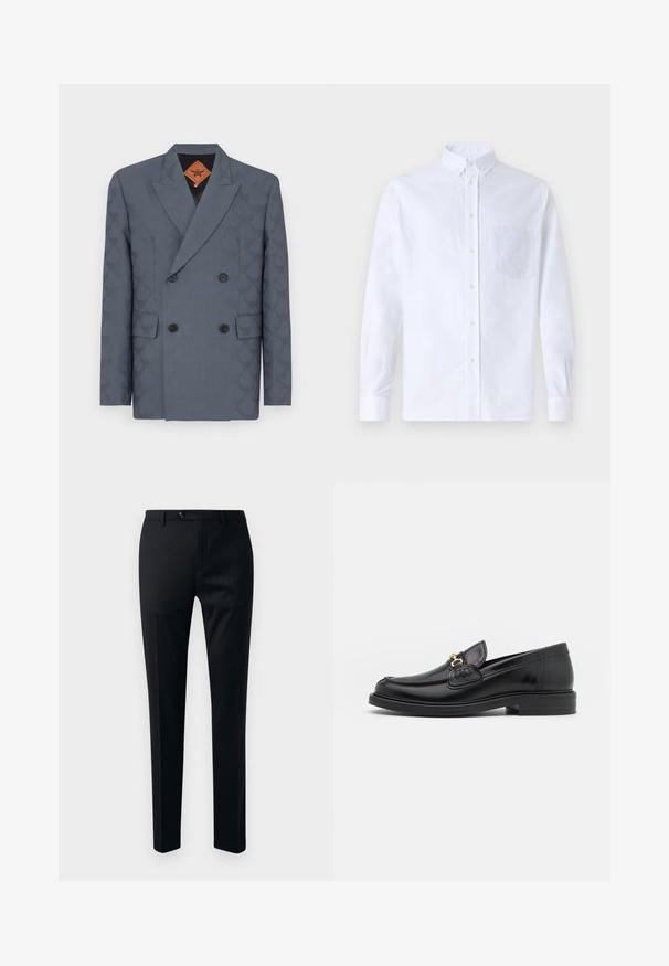 Dwurzędowa marynarka w ciemnoszarym materiale, z subtelnym wzorem, klapami w stylu notcha, dwoma przednimi kieszeniami i czarnymi guzikami.; Biała koszula z długim rękawem na guziki, wykonana z bawełny, z kieszonką na piersi z tonowym haftem, kołnierzykiem i zapięciem na guziki przy mankietach.; Czarne spodnie materiałowe o gładkiej tkaninie, zwężającym się kroju nogawki, z jedynym zapięciem na guzik oraz bocznymi kieszeniami dla wygody.; Czarne skórzane loafersy z zaokrąglonym noskiem, z ozdobnymi złotymi akcentami i detalami szycia, osadzone na niskiej, teksturowanej gumowej podeszwie.