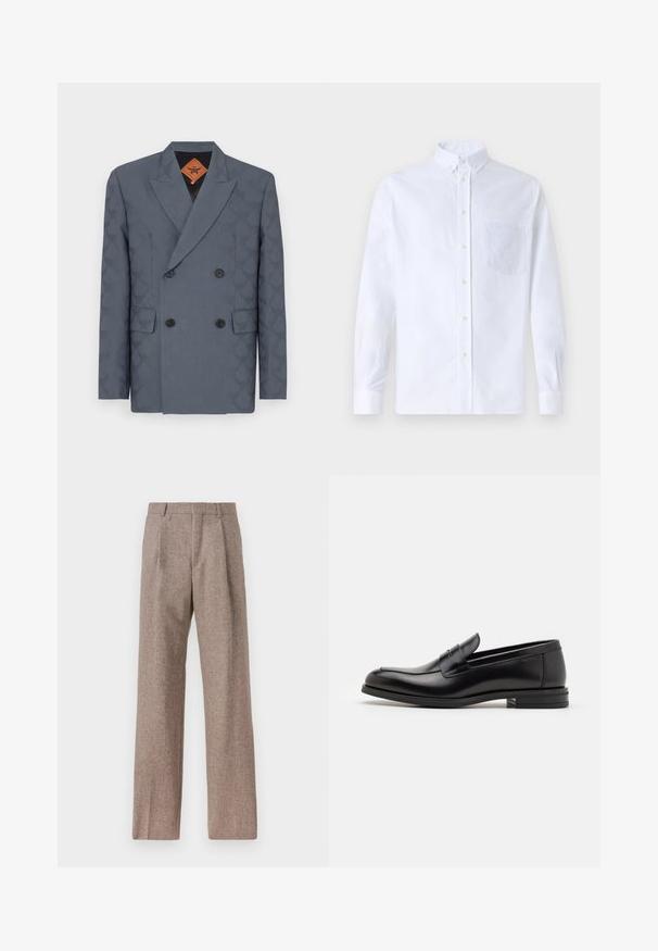 Tamsiai pilkos spalvos dvigubo užsegimo švarkas, pasižymintis subtiliu raštu, notch tipo atlapais, dviem priekinėmis kišenėmis ir juodais mygtukais.; Balta ilga rankovė mygtukų marškiniai, pagaminti iš medvilnės, su krūtine kišene ir toniniu siuvinėjimu, apykakle ir mygtukų apvadu.; Rudos, aukšto liemens kelnes, pagamintas iš tekstūruotos medžiagos. Plati kojos, dvi priekinės klostės struktūrai. Tvarkingas apdailos darbai, be matomų detalių.; Juodos odinės loafers, turinčios lygų paviršių, apvalią noselę ir dekoratyvinę juostą per priekinę dalį. Žemas krentantis kulnas, minimalistinis dizainas.