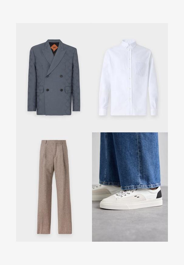 Dwurzędowa marynarka w ciemnoszarym materiale, z subtelnym wzorem, klapami w stylu notcha, dwoma przednimi kieszeniami i czarnymi guzikami.; Biała koszula z długim rękawem na guziki, wykonana z bawełny, z kieszonką na piersi z tonowym haftem, kołnierzykiem i zapięciem na guziki przy mankietach.; Brązowe, wysokiej talii spodnie wykonane z teksturowanej tkaniny. Posiadają szerokie nogawki i dwa przednie zakładki dla lepszej struktury. Starannie wykończone, bez widocznych elementów metalowych.; Białe i czarne sneakersy z gładką skórzaną cholewką, teksturowanymi akcentami oraz masywną białą podeszwą. Posiadają klasyczny system sznurowania.
