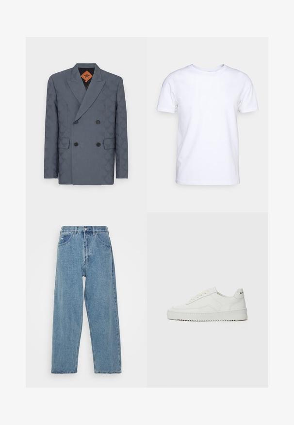 Sacou cu două rânduri de nasturi din stofă gri închis, având un model subtil, revere cu tăietură, două buzunare frontale și nasturi negri.; Tricou alb cu mânecă scurtă din material de bumbac, cu guler rotund. Design simplu, fără tipare sau accente. Textură netedă.; Jeans din denim de un albastru deschis, cu talie înaltă și o croială relaxată, având două buzunare frontale, un buzunar pe spate și închidere cu nasture.; Sneakers din piele albă cu un finisaj neted, vârf rotund, șireturi plate și o talpă texturată. Prezintă un logo subtil pe călcâi.