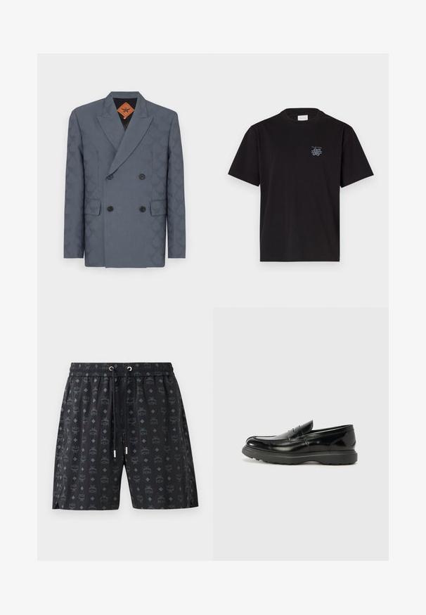 Blazer doppiopetto in tessuto grigio scuro, con un motivo sottile, rever a notched, due tasche anteriori e bottoni neri.; T-shirt in cotone nero con collo rotondo e maniche corte. Presenta un piccolo logo blu sul lato sinistro del petto. Design semplice e dritto.; Pantaloni da nuoto neri con un motivo a logo ripetuto e forme a diamante. Realizzati in materiale leggero, con vita elasticizzata e cordino.; Mocassino in pelle nera con finitura lucida, punta arrotondata, dettagli di cucitura sottili e suola in gomma spessa per una maggiore durata.