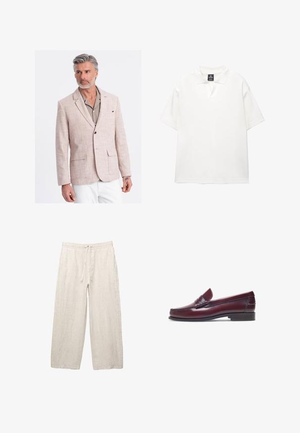Blazer di lino color beige chiaro con finitura testurizzata, chiusura a un bottone, rever a scomparsa e due tasche frontali. Indossato sopra una camicia grigia.; Polo shirt bianco a maniche corte realizzato in tessuto liscio con colletto classico, dotato di pattina a mezza bottoni e vestibilità rilassata.; Pantaloni in lino di colore beige chiaro, con una vita elastica e cordoncino, design a gamba larga e tasche laterali. Texture liscia.; Mocassino in pelle bordeaux con punta tonda, dettagli cuciti e un piccolo accentu decorativo sulla tomaia. Suola piatta in contrasto.