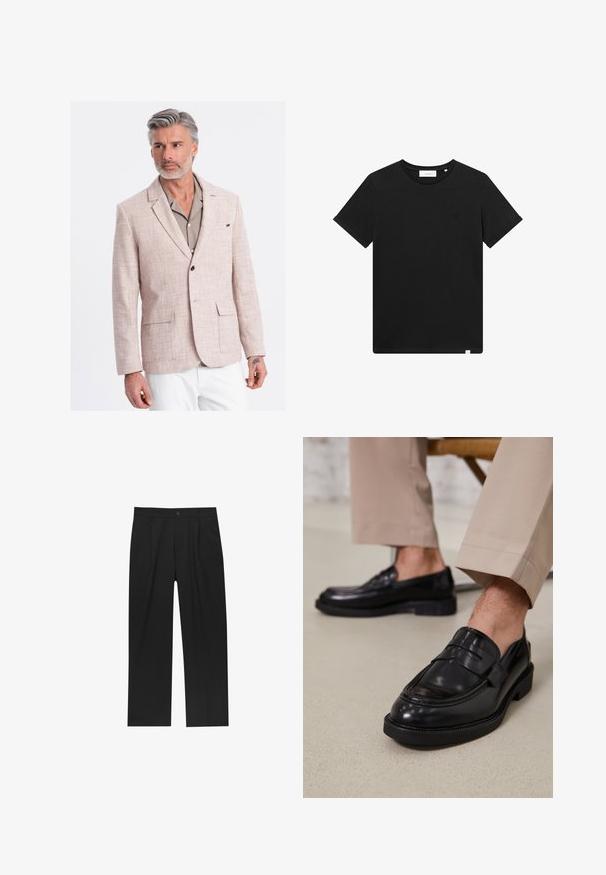 Lichtbeige linnen blazer met een gestructureerde afwerking, sluiting met één knoop, notch-revers en twee zakken aan de voorkant. Gestyled over een grijze shirt.; Zwarte T-shirt met korte mouwen van katoen, met een ronde hals en een klein logo geborduurd op de borst. Soepele textuur, normale pasvorm.; Zwarte broeken met een recht model, gemaakt van een gladde stof. Voorzien van een voorplooien en een enkele knoopsluiting bij de taille.; Zwarte leren loafers met een gladde afwerking, voorzien van een decoratieve band en contrasterende stiksels, gecombineerd met beige broeken.