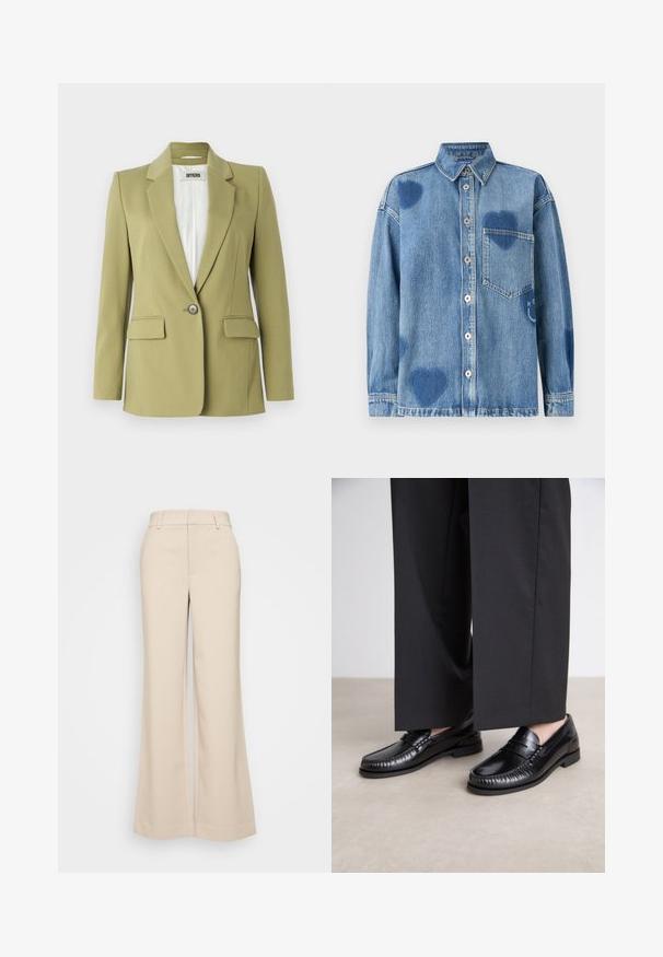 Oliwkowa marynarka z gładkiego materiału, z pojedynczym zapięciem na guzik, klapami i dwiema przednimi kieszeniami.; Jasnoniebieska koszula dżinsowa z akcentami w kształcie serca, z prostym kołnierzykiem, przednią kieszenią i listwą guzikową. Miękki, fakturowany materiał.; Beżowe spodnie szerokie z gładką strukturą, z wysokim stanem i dwoma przednimi kieszeniami. Czysty design o dopasowanym kroju.; Czarne skórzane loafersy o gładkim wykończeniu, z haftowanym detalem wokół palców oraz niską gumową podeszwą. W zestawieniu z szerokimi czarnymi spodniami.
