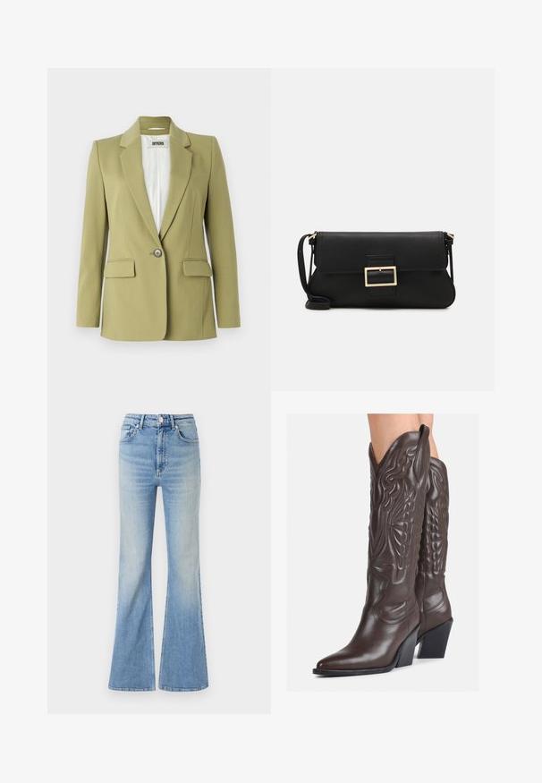 Olive green blazer made of smooth fabric, featuring a single button closure, notched lapels, and two front pockets.; White sleeveless tank top made of ribbed fabric, featuring a rounded neckline and a fitted silhouette, with minimal seams and no embellishments.; Light blue flared jeans made of denim, featuring a high waist, five-pocket design, and subtle gradient fading towards the hem.; Brown leather cowboy boots with pointed toe and block heel, featuring detailed stitching and raised accents on the shaft.; Black leather clutch bag with a flap and a gold metal buckle detail. Includes a black strap and a sleek, minimalist design.; Silver hoop earrings with a twisted design, featuring a polished finish and post-back closure. Measure approximately 3 cm in diameter.