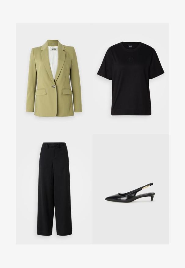 Olean roheline bleiser, mis on valmistatud sileda kangaga, ühe nööbi kinnitusega, teravate kraede ja kahe esikotiga.; Mustmust särk, millel on ümar kaelus, lühikesed varrukad ja tindiga tikitud logo rinnal. Lihtne, mugav lõige ilma mustriteta.; Mustad laiad püksid siledast kangast, millel on sirge esiosa, volditud detailid ja vööloopidega vöökoht.; Mustad nahast slingback kontsad terava ninaga, millel on õhuke konts ja kuldse tooni aktsent reguleeritaval rihmal. Sile tekstuur.