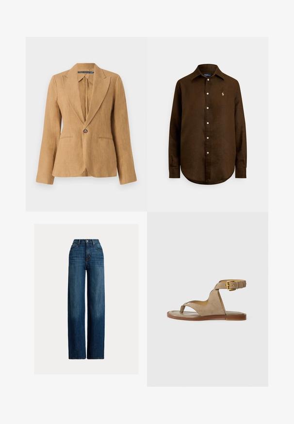 Smėlio spalvos lininis švarkas su vienu mygtuku, iškirptais atlapais, ilgomis rankovėmis ir dviem priekinėmis kišenėmis. Faktūrinis audinys ir pritaikyta forma.; Ruda lino marškiniai su klasikine apykakle, ilgomis rankovėmis, užsegami priekyje mygtukais ir mažu siuvinėtu logotipu kairėje krūtinės pusėje.; Platus džinsų kelnes tamsiai mėlynos spalvos. Pabrėžta aukšta juosmens linija, užsegamos mygtuku, su klasikinio penkių kišenių dizainu. Lygus paviršius su švelniu nudėvėjimu.; Smėliniai zomšiniai sandalai su piršto kilpa, atviromis šoninėmis dalimis ir plačiu kulkšnies dirželiu, papuoštu auksine sagtimi. Plokščias rudas pado kraštas su šiek tiek iškilumu.