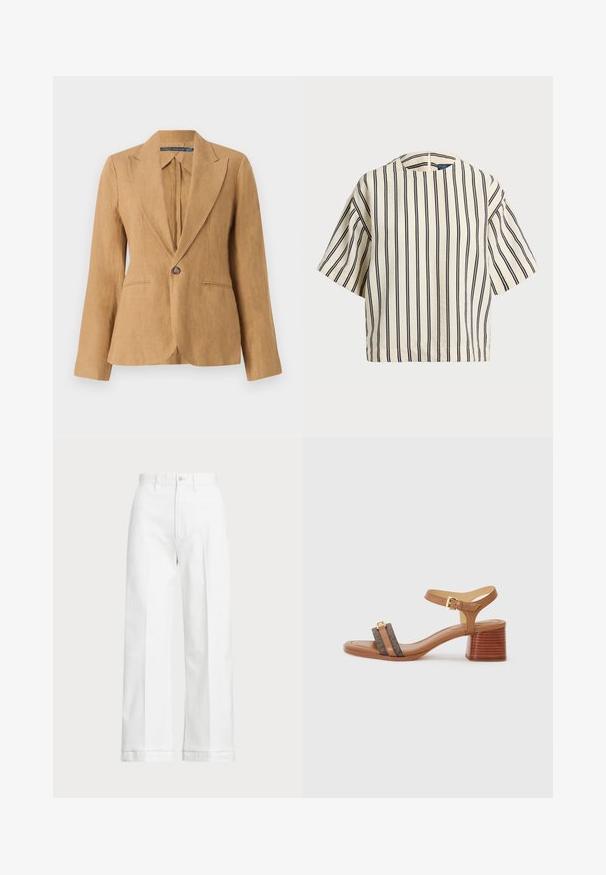 Krémszínű vászonzakó egysoros gombolással, kerekített reverekkel, hosszú ujjakkal és két elülső zsebbel. Texturált anyag és testhezálló fazon.; Rövid ujjú, csíkos felső krém és tengerészkék színben, kerek nyakkivágással és dobozos fazonnal, texturált anyagból.; Fehér, bő szárú nadrág magas derekú szabással, gombos záródással és diszkrét varrási részletekkel. Pamutból készült, sima tapintással.; Barna sarokkal készült szandál négyzet alakú orral, két sötétbarna pánttal és arany csattal. Jellemzi a rétegezett blokk sarok és a sima bőr textúra.