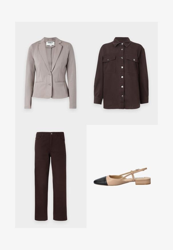 Light grey tailored blazer with a structured fit, single-button closure, and two front pockets. Smooth fabric with a slight sheen.; Dark brown shirt jacket made of cotton, featuring a collar, front button closure, two chest pockets, and silver buttons. Long sleeves.; Two white sleeveless T-shirts made of soft cotton fabric, featuring a rounded neckline and no visible patterns or hardware.; Brown cotton pants with a straight-leg design, two front pockets, and a button closure at the waistband. Smooth texture with no visible patterns.; Beige and black two-tone slingback shoe with a pointed toe, flat heel, and crisscross strap detail. Smooth leather texture.