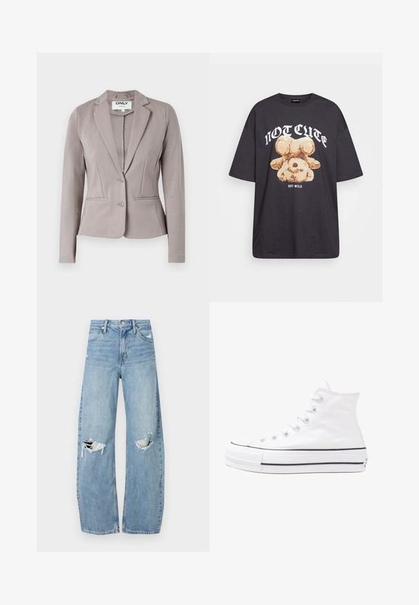 Gaiši pelēks piegriezts bleizeris ar strukturētu piegriezumu, vienu pogu un divām priekšējām kabatām. Gluda auduma virsma ar nelielu spīdumu.; Melna, pārmērīga t-kreklu, kurā attēlots lācis ar uzrakstu "NAV MIERĪGS, BET VILKIS" treknos baltos burtiem. Izgatavots no kokvilnas materiāla.; Gaiši zili, augstās vidukļa džinsi, kas izgatavoti no denima. Iespējas plašas kājas, divas plēstas ceļa daļas un klasiskā piecu kabatu dizains.; Balti augstie kanvas sporta apavi ar melnu gumijas zoli, priekšējo gumijas purngalu un sešām acīm lencēm, kuriem ir tīrs, minimālistisks dizains.