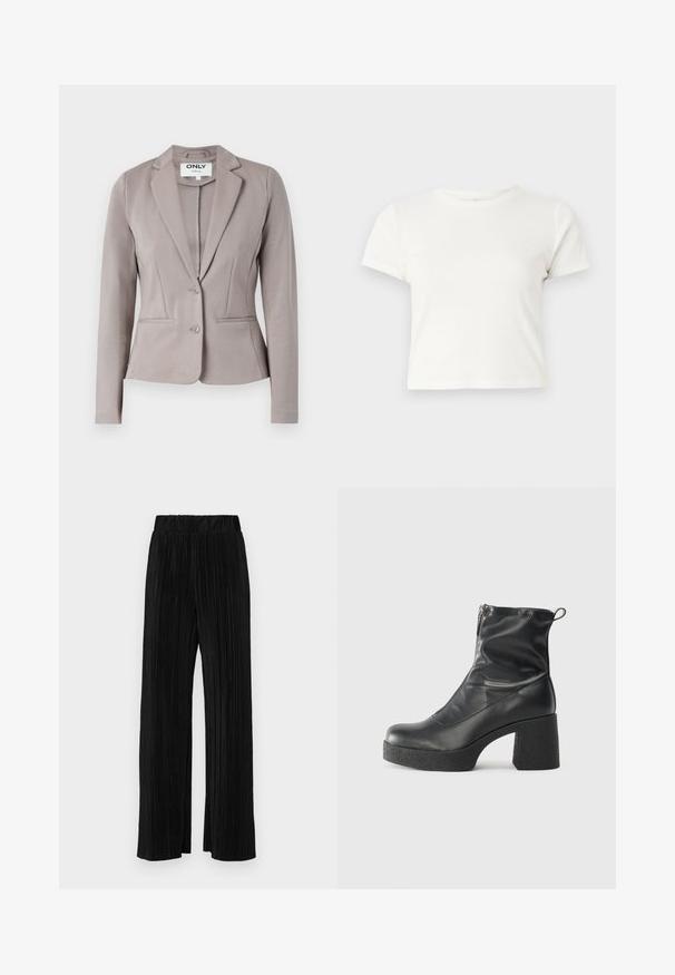 Šviesiai pilkas pritaikytas švarkas su strukturiniu siluetu, vienu mygtuku ir dviem priekinėmis kišenėmis. Lygus audinys su lengvu blizgesiu.; Trumpa balta medvilnės marškinėliai su trumpomis rankovėmis, apvaliu kaklu ir tiesiu hemu, pasižyminti lygiu tekstūriu ir minimaliu dizainu.; Juodi plisuoti kelnės su elastine juosta. Turėkite plačias kojas ir glotnų, tekstūrinį audinį su vertikaliais dryžiais.; Juodos kulkšninių botai, pagaminti iš lygaus odos, su šoniniu užtrauktuku, masyviu tekstūruotu kulnu ir apvaliu pirštu.