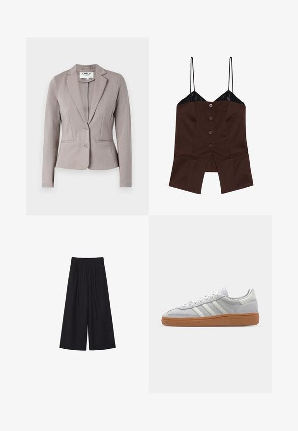 Svijetlo sivi sako krojenog kroja s oblikovanim fitom, zatvaranjem na jedan gumb i dva prednja džepa. Glatka tkanina s blagim sjajem.; Smeđa prilagođena bluzica s čipkastim detaljem, tankim naramenicama i pet dugmadi sprijeda; ima razdvojeni rub i kroj koji prati tijelo.; Crne široke hlače s pregibima, izrađene od glatke tkanine. Imaju visok struk i čist, krojeni oblik.; Svijetlosivi nubuk tenisice s bijelim kožnim detaljima, tri bijele pruge i smeđa gumena potplat, s podstavljenim ovratnikom radi udobnosti.