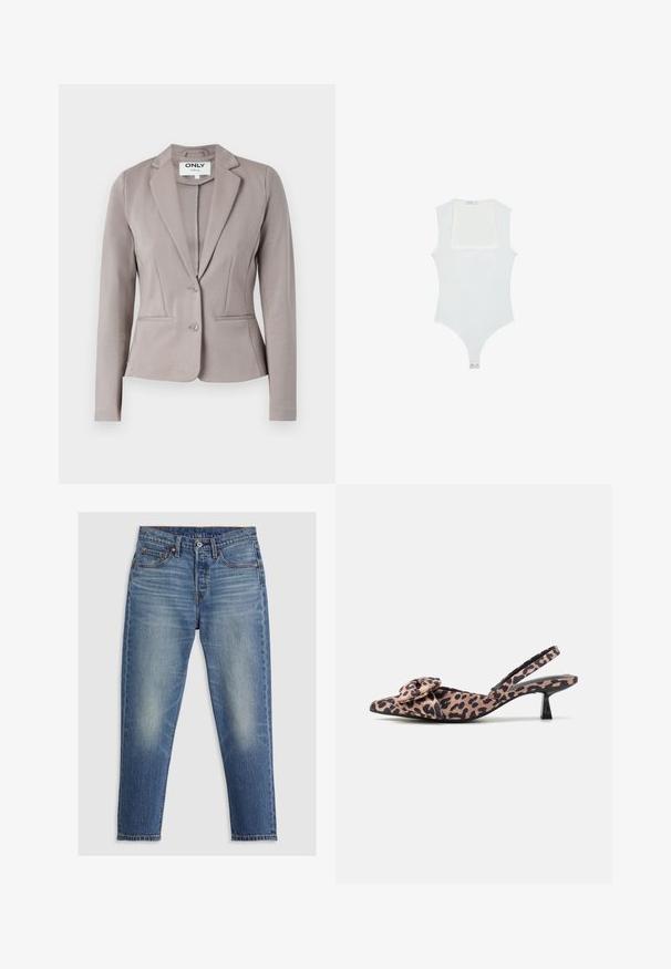 Hellgrauer, taillierter Blazer mit strukturierter Passform, Ein-Knopf-Verschluss und zwei Fronttaschen. Glattes Material mit leichtem Glanz.; Weißer Body mit quadratischem Ausschnitt, ärmellosem Design, glatter Textur und Druckknopfverschluss am Boden. Schlichter und minimalistischer Stil.; Hellblaue Denim-Jeans mit geradem Schnitt, fünf Taschen, Knopfverschluss und dezenten Ausbleichungen an den Oberschenkeln. Sichtbare Kontrastnähte.; Pumps mit spitz zulaufender Zehenpartie und Slingback in Leopardenmuster mit einem Schleifenakzent, ausgestattet mit einem niedrigen schwarzen Absatz und glatter Textur.