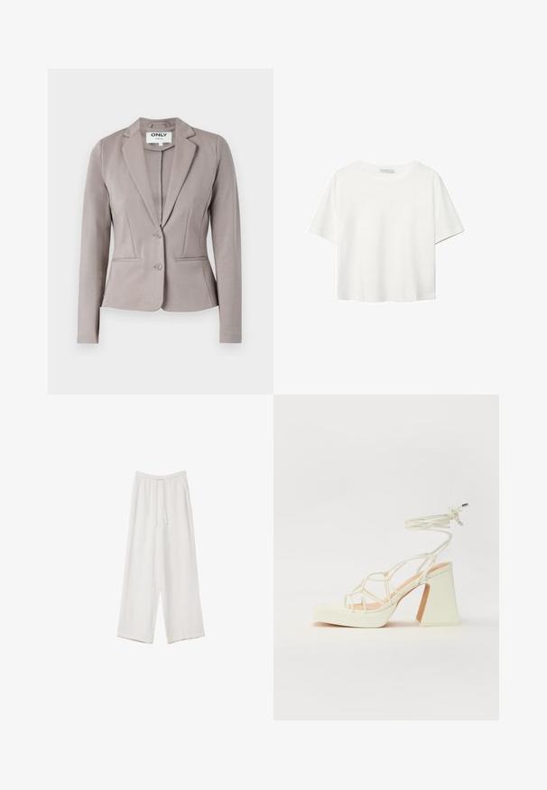 Light grey tailored blazer with a structured fit, single-button closure, and two front pockets. Smooth fabric with a slight sheen.; White short-sleeve t-shirt made of cotton. Features a crew neckline and a relaxed fit. Smooth texture with no visible patterns or accents.; White wide-leg trousers made from a lightweight fabric. Features an elastic waistband with a drawstring and side pockets. Smooth texture.; White high-heeled sandal with a chunky heel, featuring a strappy design and ankle tie. Smooth texture with a platform front for added height.