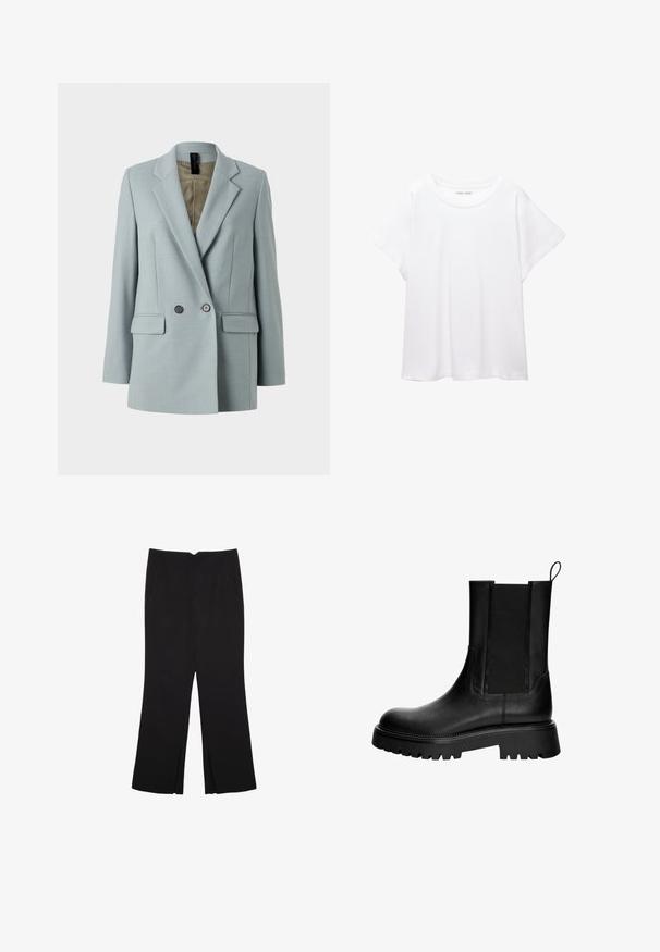 DRYKORN WARDLOW - Bleiseri - blue; Valkoinen T-paita, joka on valmistettu pehmeästä ja kevyestä kankaasta. Omistaa pyöreän kaula-aukon ja lyhyet, leveät hihat rentoa istuvuutta varten. Ei näkyviä kuvioita.; Mustat housut suoralinjaisella leikkauksella, joissa on etutaskut ja sivurei'ät helman alla. Valmistettu pehmeästä ja sileästä kankaasta. Sopii eri tilaisuuksiin.; Mustat nahkaiset nilkkasaappaat, joissa on sileä pinta, joustavat sivupaneelit ja tukevat pohjat, joissa on syvät urat. Takana on silmukka helppoa pukemista varten.