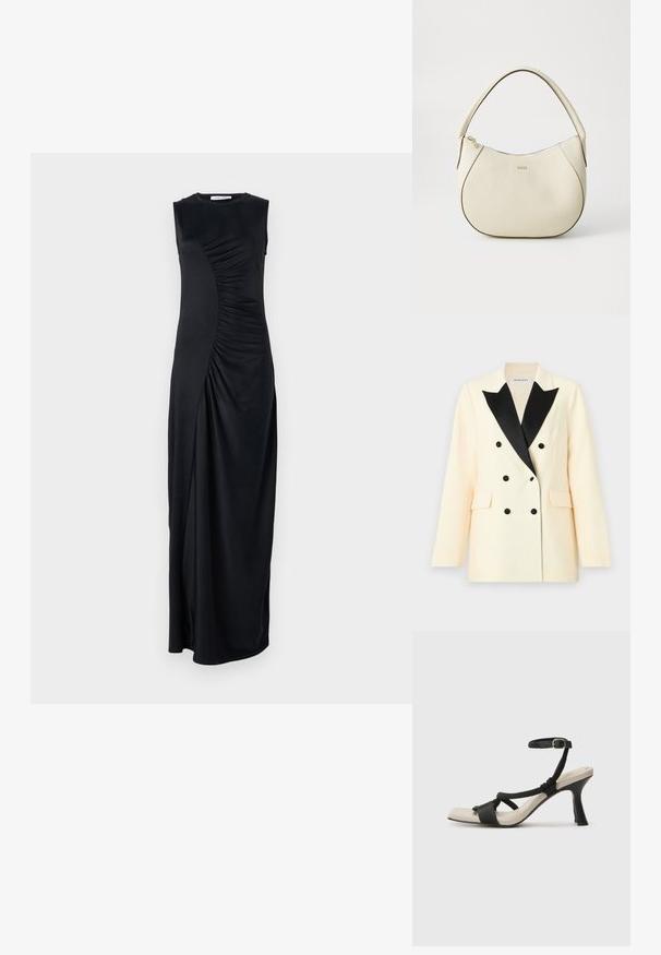 Divrindas žakete krēmkrāsā ar melnajām satīna atloks, ar melnām pogām un divām priekšējām kabatām. Pielāgota figūrai ar strukturētām plecu daļām.; Melnā bez piedurknēm maxi kleita ar drapētiem sānu elementiem, izgatavota no gludas auduma; tai ir apaļa kakla izgriezums un pieguļoša siluets.; Melnas augstpapēžu sānijas ar pinuma siksnu dizainu, kvadrātveida purngali un regulējamu potītes siksnu. Gaismas beidzamais kāju paklājiņš ar spīdīgu melnu papēdi.; Krēmkrāsas rokassoma ar teksturētu virsmu, izliekta forma, īss rokturis un zelta tonī logo detaļa. Vāciņš ar rāvējslēdzēju augšpusē.