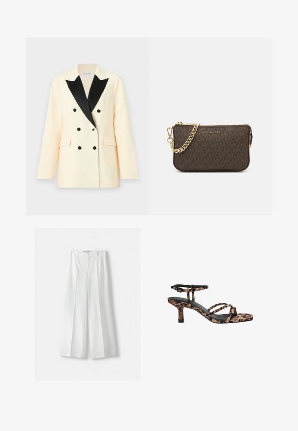 Kaksirivinen bleiseri kerma-värisestä kankaasta, mustilla satiinikauluksilla, mustilla nappilukituksilla ja kahdella etutaskulla. Mukautettu malli, jossa on jämäkät olkapäät.; Kaksi saumattomia putkilaineita: yksi musta ja yksi valkoinen. Molemmat on valmistettu pehmeästä, joustavasta kankaasta ja niissä on sileä rakenne ilman kuvioita.; Bershka WIDE-LEG TAILORED - Housut - white; Naiskahva leopardikuosiset korkokengät, joissa on neliönmuotoinen kärki, useita remmejä ja keskipitkä korko. Valmistettu pehmeästä tekstiilimateriaalista.; Ruskea nahkainen olkalaukku, jossa on logokuvio, kultaketjuolkaint, vetoketjukiinnitys ja kultaiset metalliosat. Kompakti ja suorakulmainen muoto.