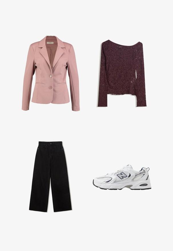 Ljust rosa kavaj med slagkrage, enknappsdesign, två knappar och två framfickor. Slät tyg med lätt lyster.; Spetsblus med långa ärmar i djup bordeaux, med en off-shoulder design, blommönster och en något genomskinlig textur med en rak nederkant.; Svarta vida jeans av denim med hög midja, med en femficksdesign och en enkel knappstängning framtill.; Vit sportskor med överdel i mesh, marinblå accenter och dämpad sula. Har "N"-logotyp, snörning och texturerad detalj på sidan.