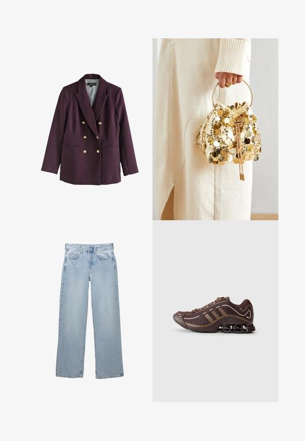 Dunkelvioletter, doppelt gearbeiteter Blazer aus stoff, ausgestattet mit goldfarbigen Knöpfen, mit Revers, und zwei vorderen Leistentaschen. Gestreifte Innenauskleidung.; Schwarzes Langarm-Oberteil aus weichem Stoff, mit einem drapierten Design, das eine überlappende Front und einen U-Boot-Ausschnitt aufweist. Geschmeidige Textur, cropped Länge.; Helleblaue Denim-Jeans mit weit geschnittenem Design, ausgestattet mit einem Knopf- und Reißverschluss, fünf Taschen und minimalen Nähten.; Brauner Sportschuh mit Mesh- und Synthetik-Obermaterial, mit drei Streifen, detaillierter Steppnaht, dämpfender Sohle und charakteristischem federndem Absatz.; Goldfarbene Drawstring-Handtasche mit einem runden Griff, verziert mit glänzenden runden Pailletten und einem strukturierten Stoff. Abmessungen sind nicht angegeben.