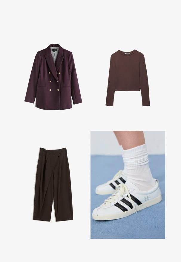 Dubbelknäppt blazer i mörklila tyg, med guldiga knappar, kavajrev och två frontfickor med lock. Randigt innerfoder.; Brun långärmad kortärmad skjorta i ett mjukt, slätt tyg med rund halsringning och utan synliga mönster eller hårdvara.; Mörkbruna vida byxor med hög midja, med en enkel knappstängning och plisserad front. Tillverkade av lätt tyg.; Vita lädersneakers med svarta ränder, krämfärgad sula och ljusa snören. Bärs med vita ribbade strumpor, placerade på blå bakgrund.