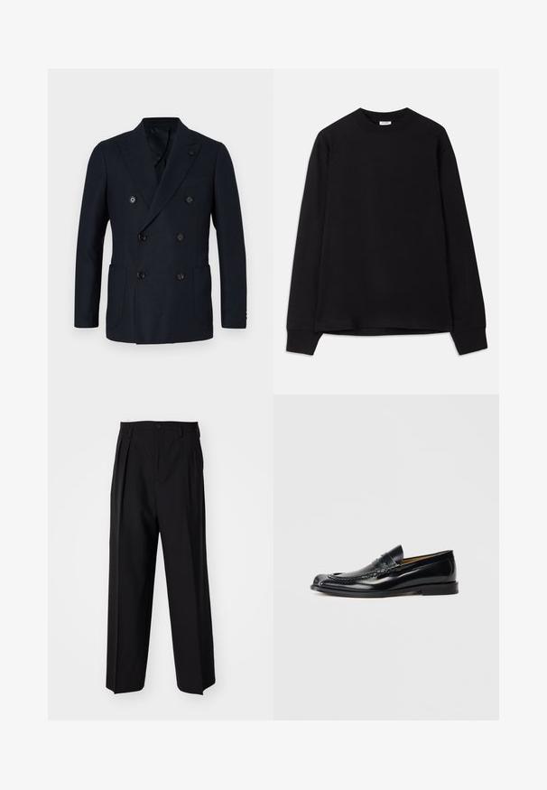 Blazer de marina oscuro de doble botonadura con tela texturizada, cuatro botones frontales, solapas de muesca y dos bolsillos laterales. Ajuste clásico a medida.; Camiseta de manga larga negra hecha de algodón suave. Presenta un cuello redondo, un corte holgado y puños acanalados. Sin patrones ni logotipos visibles.; Pantalones negros plisados con un diseño recto y de pierna ancha. Fabricados en una tela suave, presentan un cierre de botón y trabillas para el cinturón.; Mocasines de cuero negro con un acabado suave, puntera redondeada, costuras decorativas y un tacón bajo apilado. Sin marcas visibles.