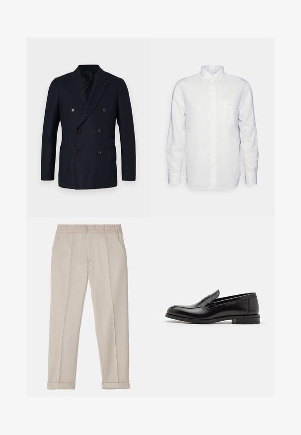 Tumman laivastonsininen kaksirivinen bleiseri, jossa on teksturoitu kangas, neljä etupainiketta, läppälapelit ja kaksi sivutaskua. Klassinen räätälöity malli.; Pitkähihainen valkoinen puuvillasukkahousu, jossa on napillinen kaulus, etutasku ja normaali istuvuus. Rakenne on teksturoitu ja pinta sileä.; Filippa K TERRY CROPPED TROUSERS - Housut - sage melange; Mustat nahkakengät, joissa on sileä pinta, pyöreä kärki ja koristeellinen nauha jalkapöydän yli. Matala pinoitu koroke, minimalistinen muotoilu.