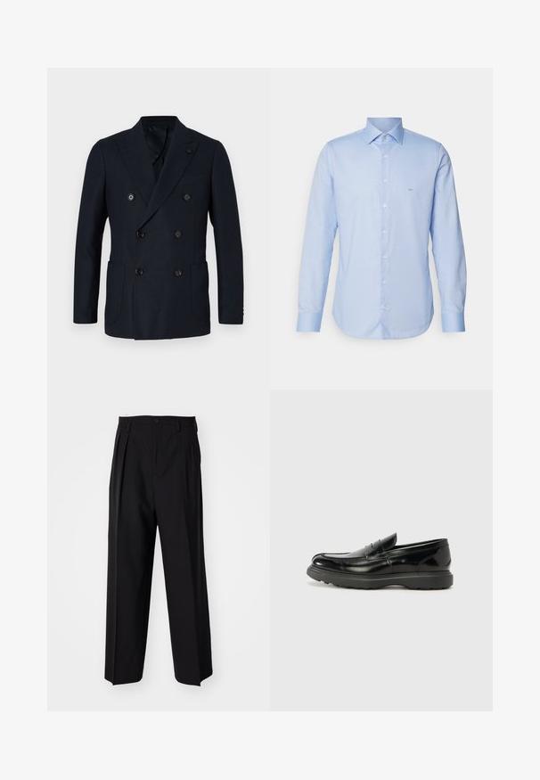 Blazer doppiopetto blu scuro con tessuto testurizzato, quattro bottoni frontali, rever a compressione e due tasche laterali. Vestibilità classica su misura.; Camicia a maniche lunghe azzurro chiaro, in tessuto intrecciato. Caratterizzata da un colletto a punta, chiusura a bottoni e un logo minimale sul petto.; Pantaloni neri a pieghe con un design dritto e gamba larga. Realizzati in tessuto morbido, con chiusura a bottone e passanti per cintura.; Mocassino in pelle nera con finitura lucida, punta arrotondata, dettagli di cucitura sottili e suola in gomma spessa per una maggiore durata.