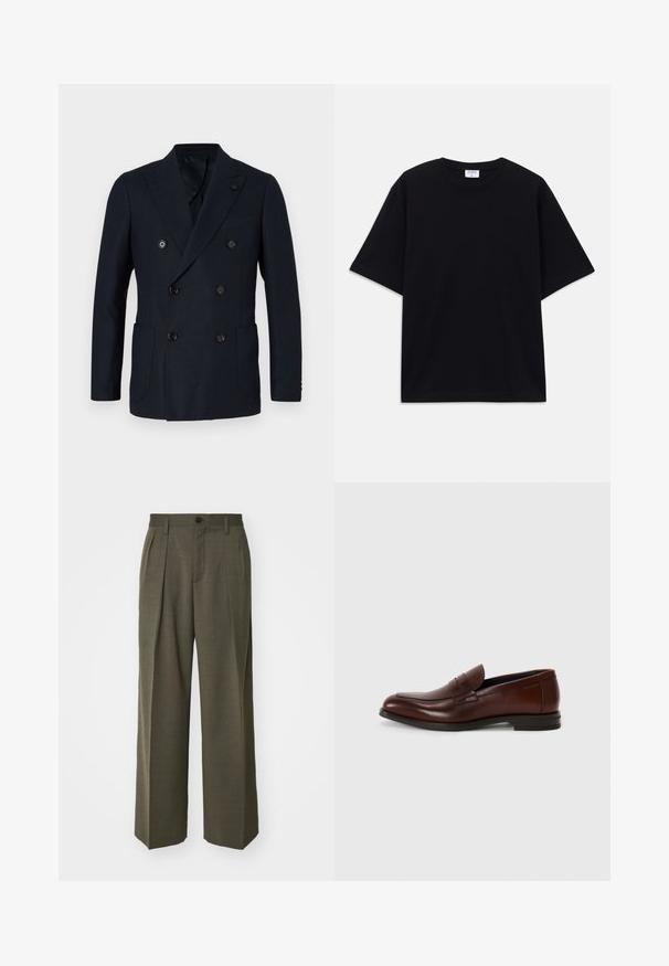 Tamsiai mėlynas dvigubos sagos blazeris su tekstūruotu audiniu, keturiais priekiniais mygtukais, apiežerimo lapeliais ir dviem šoninėmis kišenėmis. Klasikinis pritaikytas siluetas.; Juodas trumpas rankovėmis per didelis marškinėliai su apvaliu iškirpimu ir matoma Filippa K prekės ženklo etiketė vidinėje apykaklės pusėje.; Filippa K WIDE TROUSERS - Kelnės - driftwood; Rudos odinės loafers su apvalia nosimi, priekinio diržo detalė ir žemu sluoksniu elektros. Lygus paviršius su minimaliais dekoratyviniais akcentais.