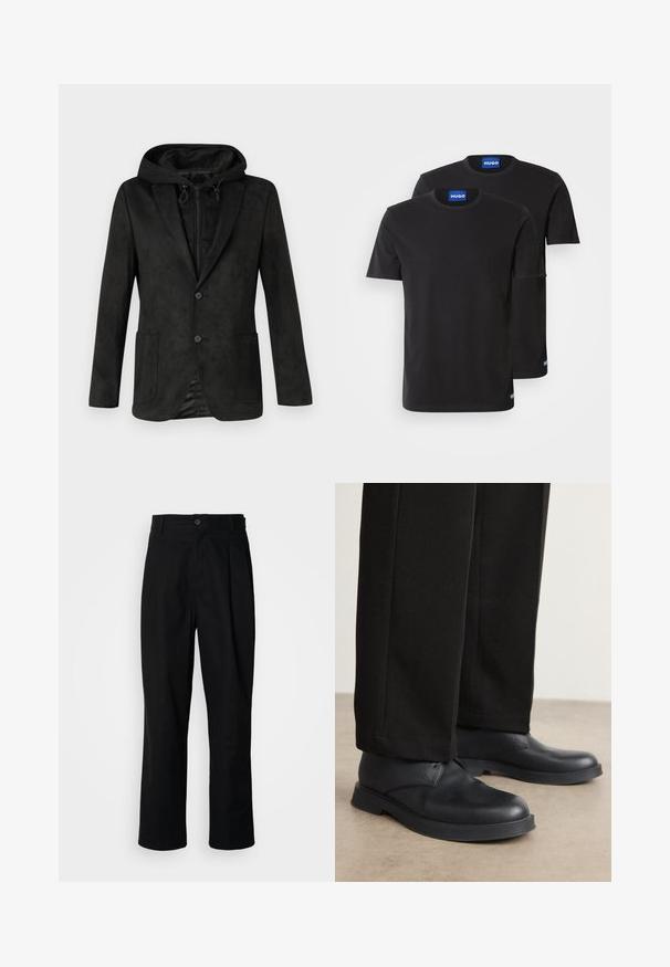Mustas jope kapuutsiga, millel on sile, nubukilaadne tekstuur, kaks esistaskut ja üks nööbi kinnihoidmine, mõeldud kihiliseks kandmiseks.; Kaks musta puuvillast T-särki ümmarguste kaelustega, lühikeste varrukatega, millel on sinised "HUGO" sildid kraedel ja külgservadel.; Mustad sirged püksid nuppudega vöökoht, vöölõngad ja eesmine voldik, esitatud lihtsa valge tausta ees.; Mustad mustad nahast kingad ümarate varvastega, lame tallaga ja minimaalsete detailidega. Kombineeritud pritsitud mustade pükstega, mis näitavad siledat tekstuuri.