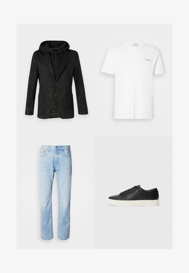 Schwarze Jacke mit Kapuze, mit einer glatten, wildlederähnlichen Textur, zwei Fronttaschen und einem einzelnen Knopfverschluss, entworfen für das Tragen in Schichten.; Weißes Baumwoll-T-Shirt mit kurzen Ärmeln und Rundhalsausschnitt. Mit einem kleinen schwarzen "Calvin Klein"-Logo auf der linken Brust.; Hellblaue Jeans aus Denim mit geradem Schnitt, die verblasste Abschnitte, ein Fünf-Taschen-Design und einen klassischen Knopfverschluss aufweisen.; Schwarze Leder-Sneaker mit perforierter Textur, runder Zehenpartie und flacher, weißer Gummisohle. Mit schwarzen Schnürsenkeln und einem dezenten Logo an der Seite.