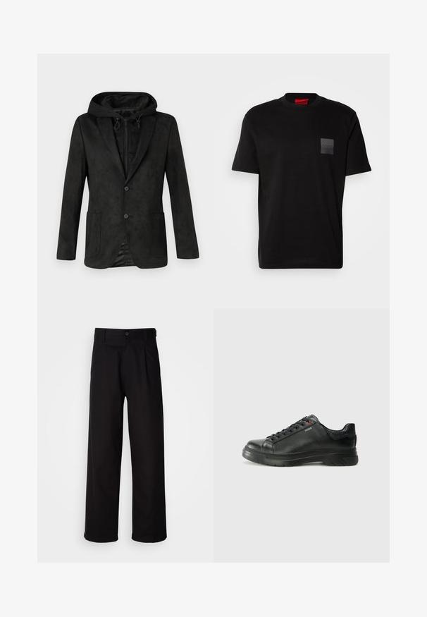 Μαύρο μπουφάν με κουκούλα, με λεία, σουέντ υφή, δύο μπροστινές τσέπες και κλείσιμο με ένα κουμπί, σχεδιασμένο για στιλ με πολλές στρώσεις.; Μαύρη βαμβακερή μπλούζα T-shirt με κολονατό λαιμό, διαθέτοντας μια υφή μαύρη εφαρμογή με λογότυπο στο αριστερό στήθος. Κοντά μανίκια και χαλαρή γραμμή.; Μαύροι παντελόνια από λείο ύφασμα, με ίσια γραμμή, πτυχώσεις μπροστά και κλείσιμο με μία κουμπί στη μέση.; Μαύρο δερμάτινο αθλητικό παπούτσι με υφαντή επάνω επιφάνεια, αφρώδες κολάρο και κόκκινη λεπτομέρεια λογότυπου. Διαθέτει παχύ καουτσούκ πάτο με χαρακτηριστικό μοτίβο πέλματος.