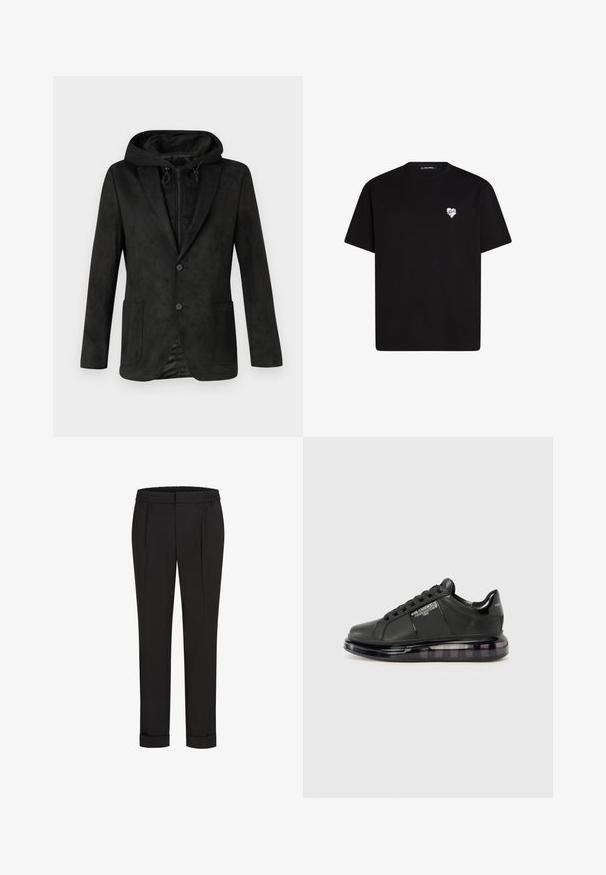 Juodas džemperis su kapišonu, turintis lygų, zefyru primenantį paviršių, dvi priekines kišenes ir vieną mygtuko užsegimą, skirtas sluoksniavimui.; Juodas medvilninis marškinėliai su trumpomis rankovėmis, apvaliu iškirpimu ir mažos baltos širdelės grafika kairėje krūtinės pusėje.; Juodi kelnių su elastinga juosmena, tiesaus kirpimo ir sukurtomis rankovėmis. Pagaminti iš lygaus, audinio be raštų.; Juodi sportiniai bateliai su lygiu odiniu apdailu, suapvalintu nosiu ir raištelių dizainu. Ypatybės apima skaidrų, paminkštintą pado su tamsiu gradientu.