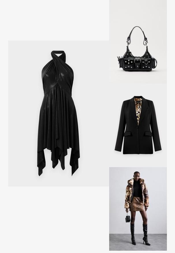 Melnas žaketes ar piegriezuma dizainu, ar vienu pogu un divām priekšējām kabatām, kā arī leoparda drukas oderi. Gluda auduma un struktūrēta forma.; Melnā haltera kleita ar drapējuma dizainu. Izgatavota no spīdīga materiāla, ar vērptu kakla izgriezumu un asimetrisku apakšmalu. Gluda tekstūra.; Puffa jaka ar brūnu un melnu rakstu, kombinēta ar brūnu čūskas raksta mini svārkiem, melniem līdz ceļgala zābakiem un mazu melnu somiņu.; Melnas ādas rokturmais ar izliekumu, ar sudraba iedurtiem, sprādzi un divām sānu kabatām. Regulējams siksniņas garums dažādām nēsāšanas iespējām.