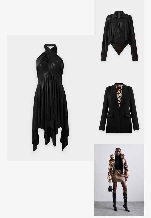 Sacou negru cu un design ajustat, închidere cu un singur buton, două buzunare frontale și căptușeală cu imprimeu leopard. Material neted și formă bine definită.; Rochie neagră cu bretele halter, având un design drapat. Confecționată dintr-un material lucios, cu un guler răsucit și un tiv asimetric. Textură netedă.; Body negru cu mâneci lungi, decolteu în V și o siluetă ajustată. Fabricat dintr-un material lucios și neted, cu guler structurat și manșete.; Jachetă puffer cu un model maro și negru, asortată cu o fustă mini din piele de șarpe maro, cizme negre până la genunchi și o geantă mică neagră.