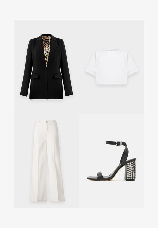 Must õhuline must bleiser on kohandatud disainiga, ühe nööbiga kinnitamine, kaks eesmist taskut ja leopardimustriga vooder. Sile kangas ja struktureeritud kuju.; Lühikeste varrukatega, pehmest kangast lõigatud valge T-särk, millel on ümar kaelus ja soonikuga ääred. Lihtne ja ilma kaunistusteta disain.; Valged laiade jalgadega püksid, mis on valmistatud siledast puuvillast. Omab esitallist ning lukuga sulgemist ja nelja tasku disaini.; Mustad nahast kõrged sandaalid pahkluu rihmaga. Omavad ruudukujulist varbaosa, siledat tekstuuri ja ruudukujulist plokknõela, mis on kaunistatud hõbedaste nööpidega.