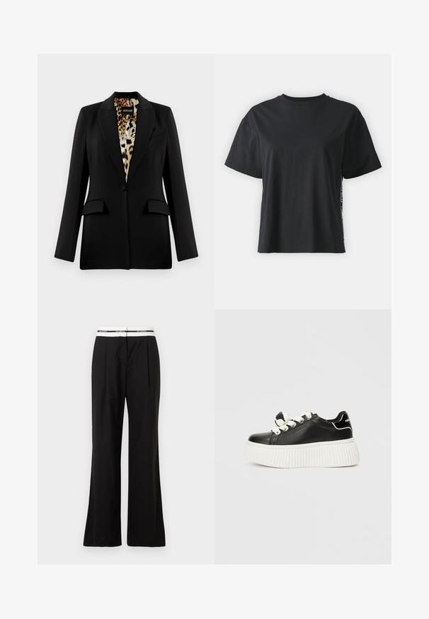 Blazer negro con un diseño entallado, cierre de un solo botón, dos bolsillos frontales y forro de leopardo. Tejido suave y forma estructurada.; Camiseta de algodón negra de manga corta con un corte relajado y un panel lateral en contraste que presenta texto pequeño y detalles de diseño.; Pantalones negros de corte relajado, con una cinturilla elástica blanca que lleva marca. Fabricados en un tejido suave con un ligero brillo.; Zapatilla de cuero negra con una gruesa suela blanca estriada, que presenta cordones blancos y un lazo decorativo en la lengüeta.