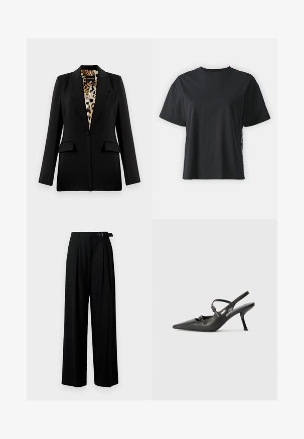 Crni blejzer s krojenjem, zatvaranje na jedan gumb, dva prednja džepa i postava s leopard uzorkom. Glatka tkanina i strukturalni oblik.; Crna pamučna majica kratkih rukava s opuštenim krojem i kontrastnim bočnim panelom koji sadrži sitan tekst i detalje dizajna.; Crne široke hlače s visokim strukom, nabranima sprijeda i remenom s kopčom. Izrađene od glatkog, laganog materijala.; Crne kožne štikle sa otvorenom petom, s uskim vrhom i dekorativnom kopčom na gornjem dijelu. Glatka tekstura i elegantan dizajn.