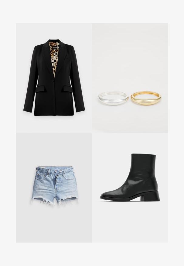 Melnas žaketes ar piegriezuma dizainu, ar vienu pogu un divām priekšējām kabatām, kā arī leoparda drukas oderi. Gluda auduma un struktūrēta forma.; Melns ribots tvertnes tops ar apaļu kakla izgriezumu un baltu izšūtu logotipu. Raksturots ar pieguļošu siluetu un tīru, taisnu apakšmalu.; Gaiši zili džinsa īsie šorti ar noplukušām malām, piecām kabatām un aizdari ar pogu. Audums ir mīksts ar nedaudz nodilušu izskatu.; Melnas potītes zābaki, izgatavoti no spīdīgas ādas, ar elegantu dizainu, smailu purngalu un mērenu bloku papēdi stabilitātei.; Zign 2 PACK - Rokassprādze - gold-coloured/silver-coloured