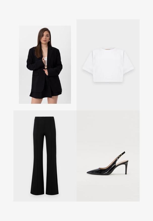 Juodas pritaikytas švarkas su įpjautomis atvartais, ilgomis rankovėmis ir vienu sagos užsegimu, derinamas su baltu palaidiniu ir juoda sijonu.; Trumpas baltas marškinėliai iš minkštos medžiagos, su trumpomis rankovėmis, apvaliu iškirpimu ir raukšlėtais hemų detalėmis. Paprastas ir be puošmenų dizainas.; Juodos plačios kelnės su aukštu liemeniu, pagamintos iš tamprios medžiagos. Priekinėje dalyje yra vertikalūs siūlų akcentai ir lygus paviršius.; Juodas lakinės odos slingback batelis su smailiu nosiu, plonu kulnu ir subtiliu išpjovos dizainu. Yra auksinė sagtis ant dirželio.